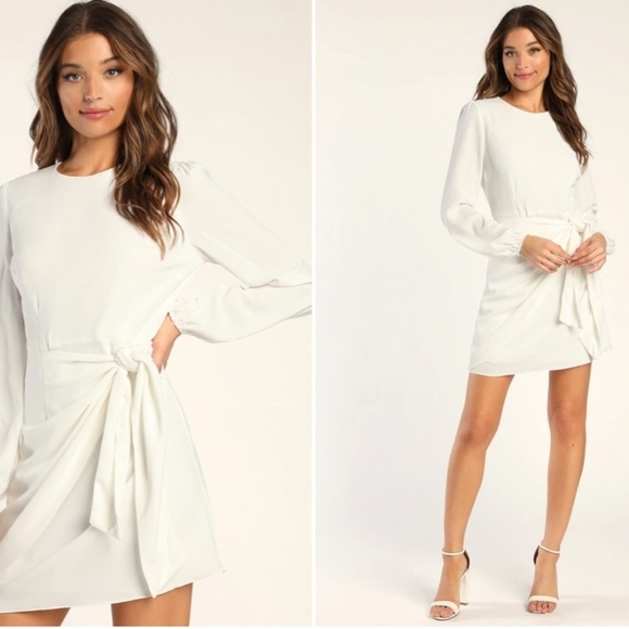 LULU's Bachelorette Engagement Bridal Sexy Long Sleeve Wrap Mini Dress - Picture 5 of 6
